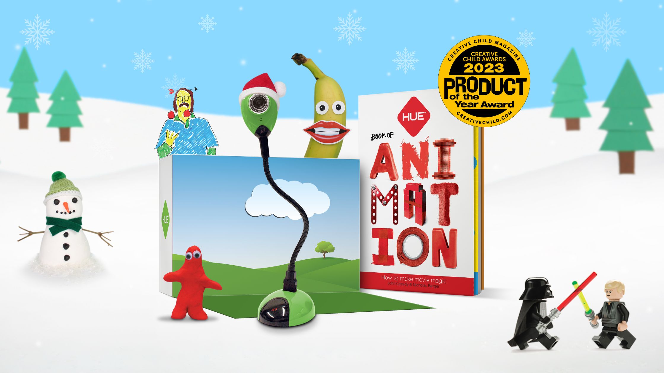 Hue animation studio camera on a cartoon christmas background
