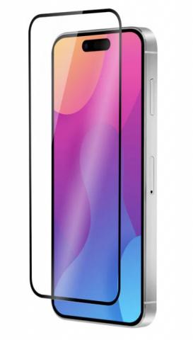 Glass screen protector with black framed edge, hovering over a silver iPhone 15 with a pink, purple and blue gradient image on the screen