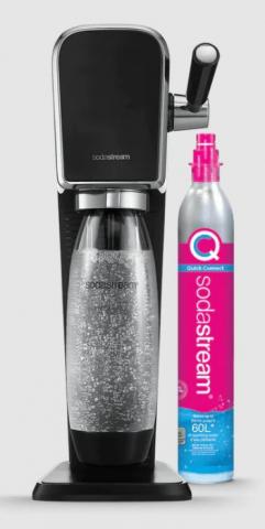 black tall machine with clear water bottle with bubbles and a pink and blue CO2 canister at the side 
