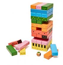 Colourful stack of bug-themed jenga cubes in a tower, with a few colourful cubes at its base 