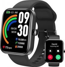smartwatch with grey strap, screen on the smart watch shows the time, heart rate, calories burnt and distance, next to the larger watch is a smaller image of the watch showing a screen to accept or decline a call 