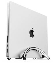 chrome arched laptop stan holding a white macbook vertically, image has a white background 
