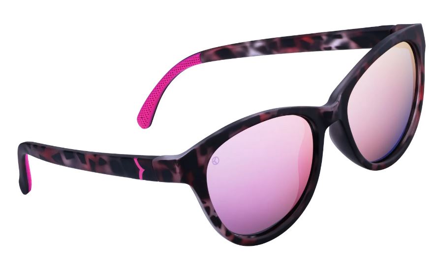 pink tortoiseshell sunglasses with a pale purple reflective lens 