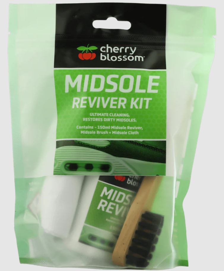 Image of package labelled 'Cherry Blossom Midsole Reviver Kit', which shows a cloth, Midsole Reviver solution bottle and a wooden handled brush inside a translucent pouch. 