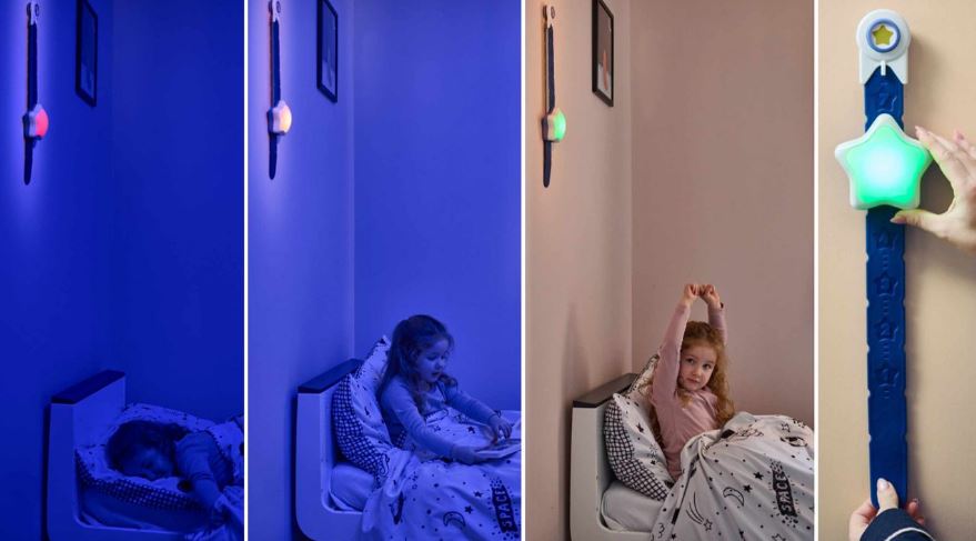 Image of 4 different images showing a child slowly waking up, with the Rising Star sleep training clock on the wall. The star changes from red, to amber and then green across the images. The final image shows the Rising Star product held in a persons hand. 