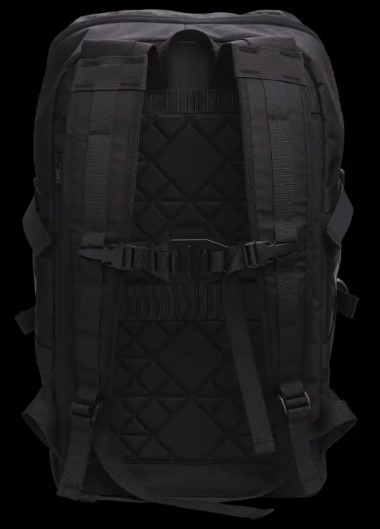 back of black rucksack showing the arms straps and chest clips