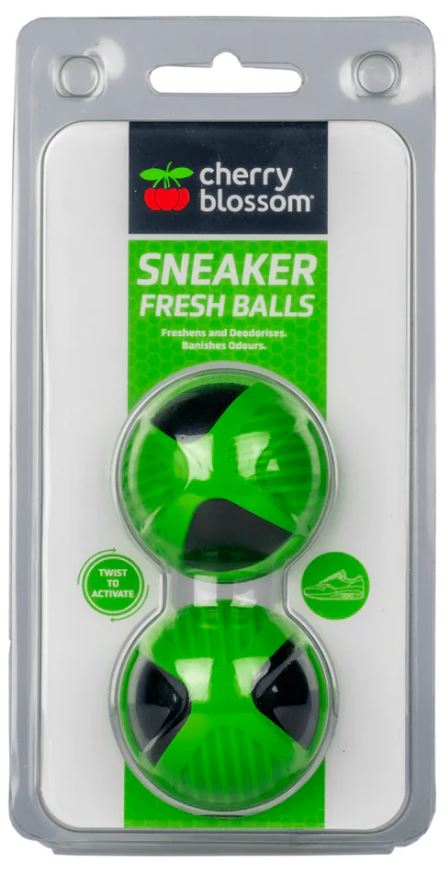 Image of packet labelled 'Cherry Blossom Sneaker Fresh Balls', with two green and black deodorizer balls inside. 