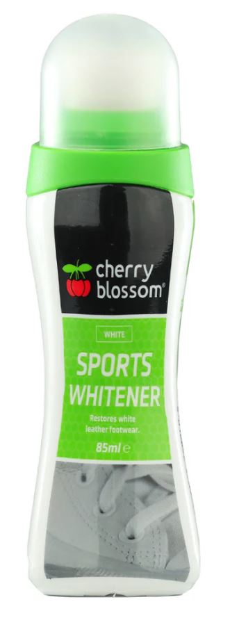 Image of a small green, black and white bottle labelled 'Cherry Blossom Sports Whitener'. 