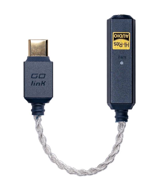 Image of compact audio adapter cable featuring a USB-C connector on one end, which is labeled 'GO Link', and on the other end is a rectangular module, which has a 'Hi-Res Audio' label on it. 