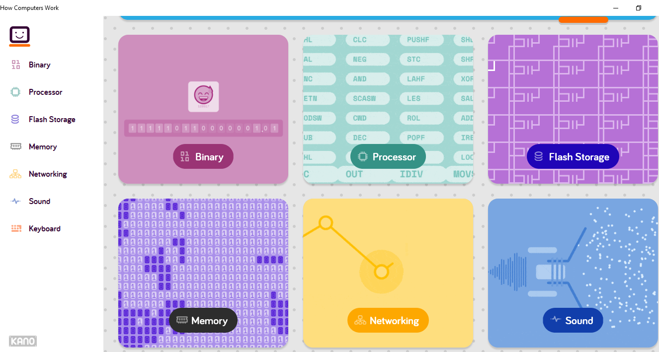 A colourful menu offers to teach kids about how different areas of computing work