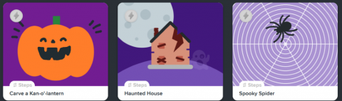 Icons for three of Kano's Halloween-themed coding games; a cartoon jack-o-lantern, a cartoon haunted house and a cartoon spider on a web