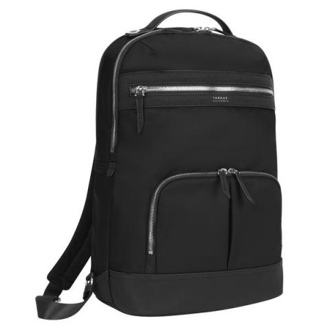 Targus black backpack at an angle, zipped up