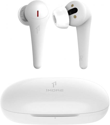The Comfobud Pro earbuds above their case, in white. Earbuds with long stems.