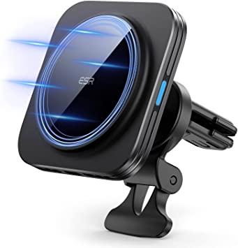 The ESR HaloLock Magnetic Wireless Car Charger with energy lines drawn emanating from the charger surface