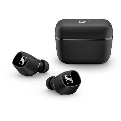 The Sennheiser CX True Wireless earbuds, laying beside their charge case, in black