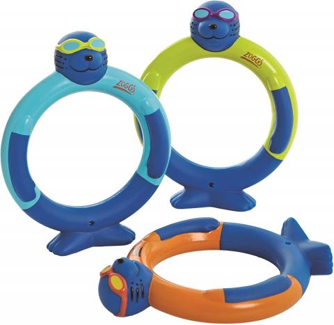Three dive rings, all blue, with different coloured detail: blue, lime green, orange. Each ring has a face like a seal in goggles, and flipper details