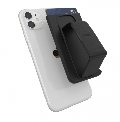 The CLCKR Stand and Grip Wallet II in black on the back of a white iPhone 