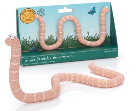 The Super Strechy Superworm sat next to the packaging.