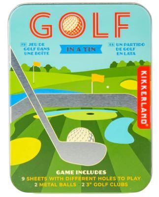 green and blue metal tin with 'Golf' written in bold at the top with a cartoon golf club and course on the front