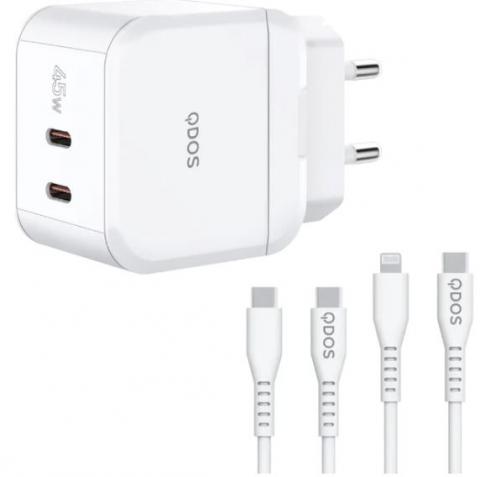 white dual port plug with USB-C to USB-C, and USB-C to MFI cables alongside it and all on a white background