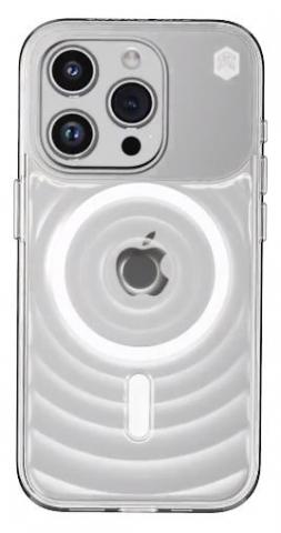 clear phone case on a silver iPhone case has circular groves on the back and MagSafe white circle