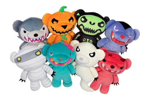 8 soft teddy bear toys with a spooky theme on a white background 