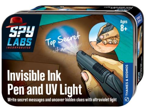 small metal tine with 'invisible ink pen and UV light' on the front, with a cartoon image of a pen revealing a secret message