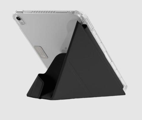 iPad held up with black folding case acting as a stand 