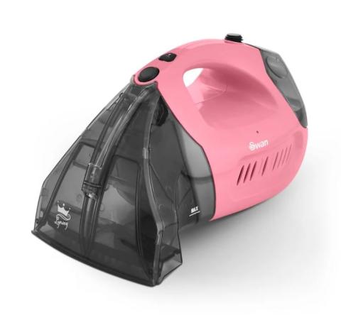 pink and black handheld carpet cleaner unit with front suction nozzle 