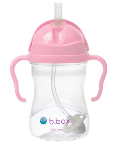 pink and clear sippy cup with straw 