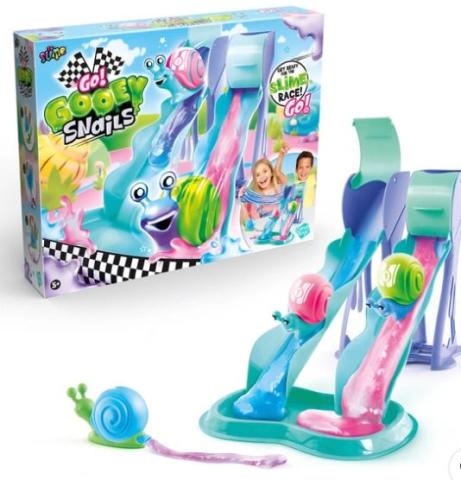 colourful box next to blue slides with green and blue slime and pink and green plastic snails 