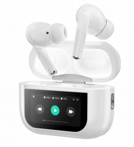 white earphones above a white case with a black touchscreen panel on the front 