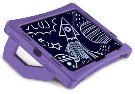 purple iPad case with handles which are holding the iPad up as a stand 