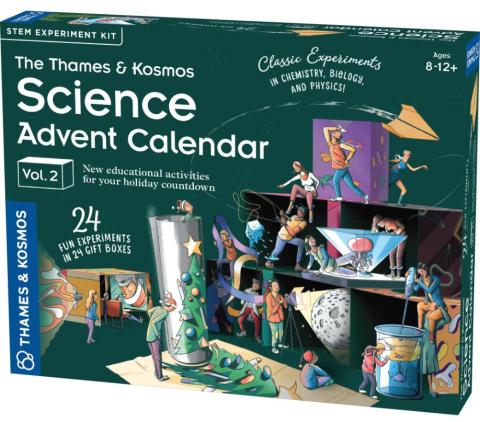 green advent calendar box with images of cartoon experiments on the front 