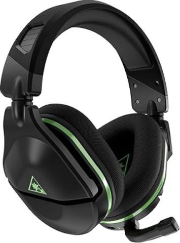 black gaming headphones with a bright green ear cushion detail and logo 