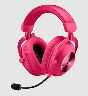 pink gaming headset with black microphone on a white background 