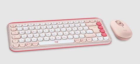 light pink and white keyboard and mouse on a white background 