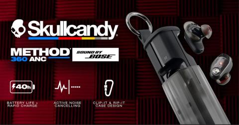 press image showing the new SkullCandy X Bose Headphones, with the black earphones on the right hand side coming out of the case