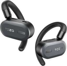 black earphones with an over ear hook design on a white background
