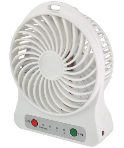 small white fan with red and green buttons on the front, the fan is on a white background 