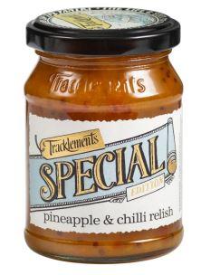 jar with 'special' written in a large font on a retro style logo, with 'pineapple & chilli relish' underneath. The lid is black, and the jar contains a orange/red coloured relish. The jar is on white background. 