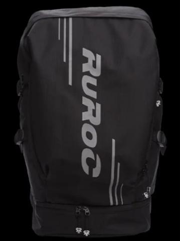 black riding rucksack with 'RUROC' branding in white going down the middle 