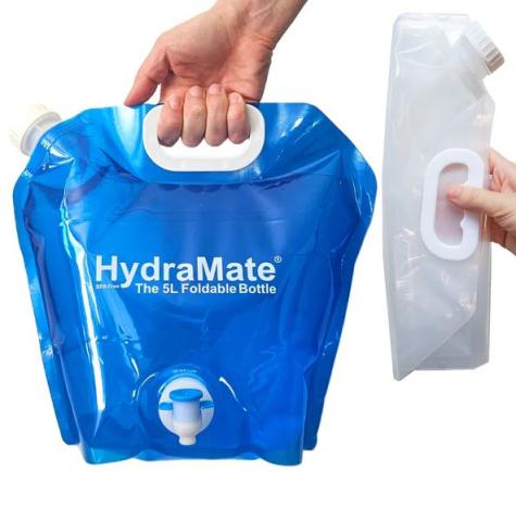 hand holding a blue water bottle pouch with white tap at the bottom, to the right is another hand holding a clear version of the bottle folded up