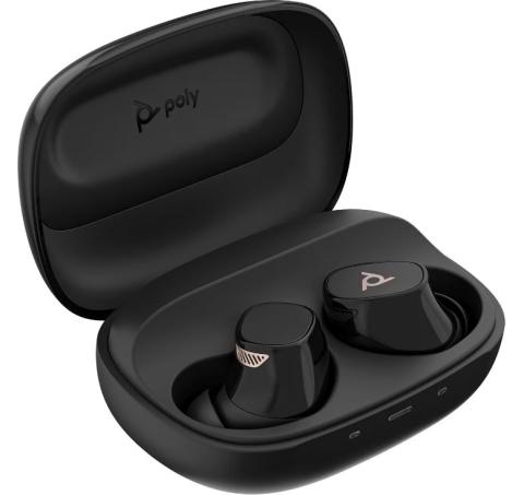 black earbuds in a black case, which has the 'Poly' logo inside the top of the case