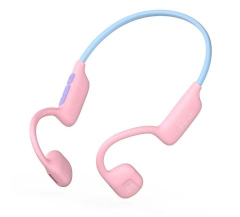 pink overear air conduction headphones connected by a light blue band 