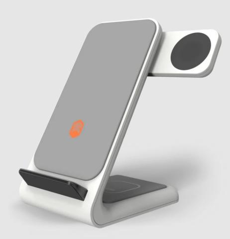 white charging station with grey back plate and side AppleWatch arm 