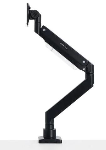 black metal monitor arm with no monitor attached, on a white background 