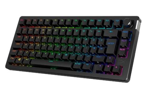 back keyboard with rainbow backlighting across the keys, on a white background 
