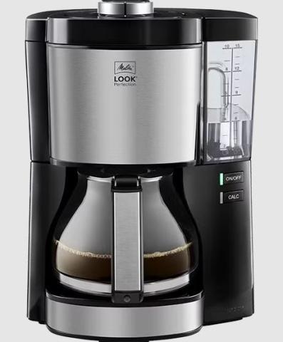 Black and stainless steel filter coffee machine with jug in the front 