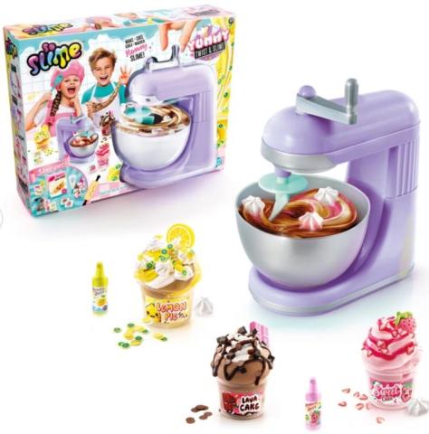 purple mixer with slime in it, surrounded by three pots of cake themed slime with the box behind them all